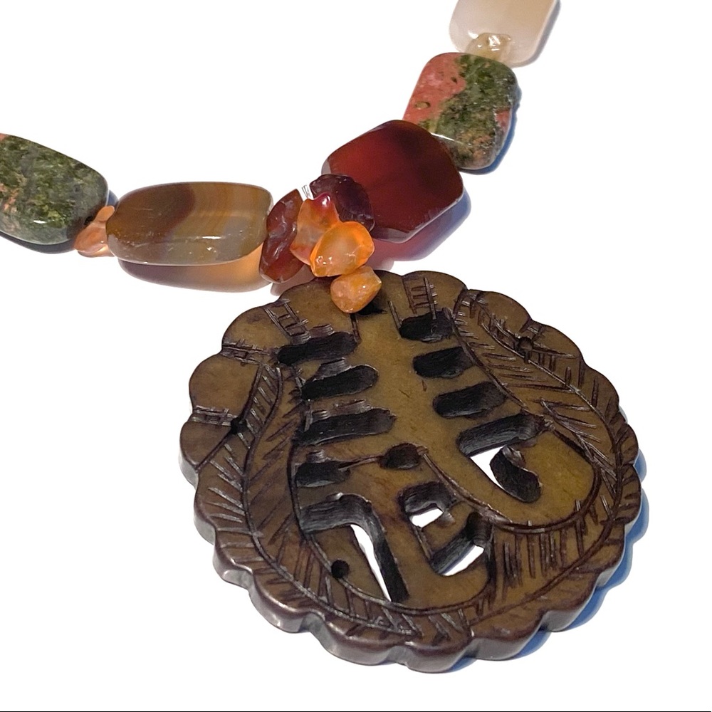 Carved Asian Medallion Necklace w/ Gemstone Beads - Picture 6 of 16